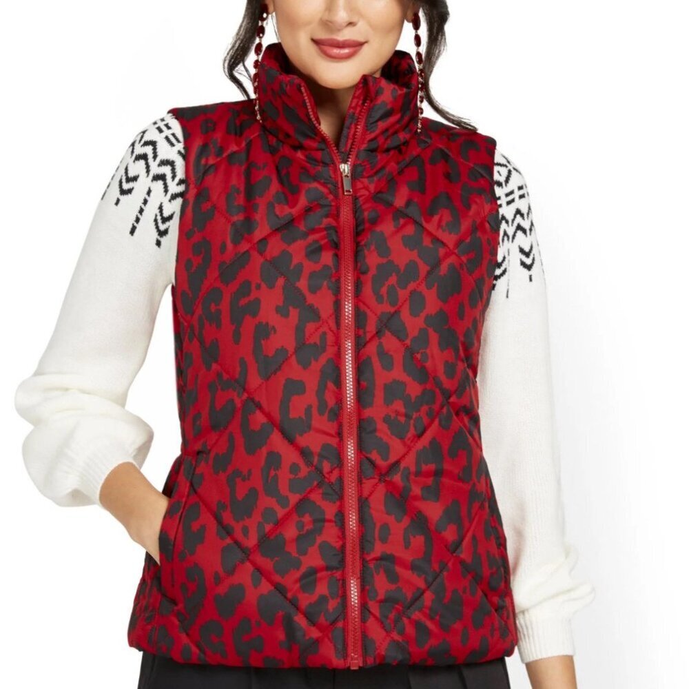 New York & Company Leopard-Print Coco Red Puffer Vest Size Small